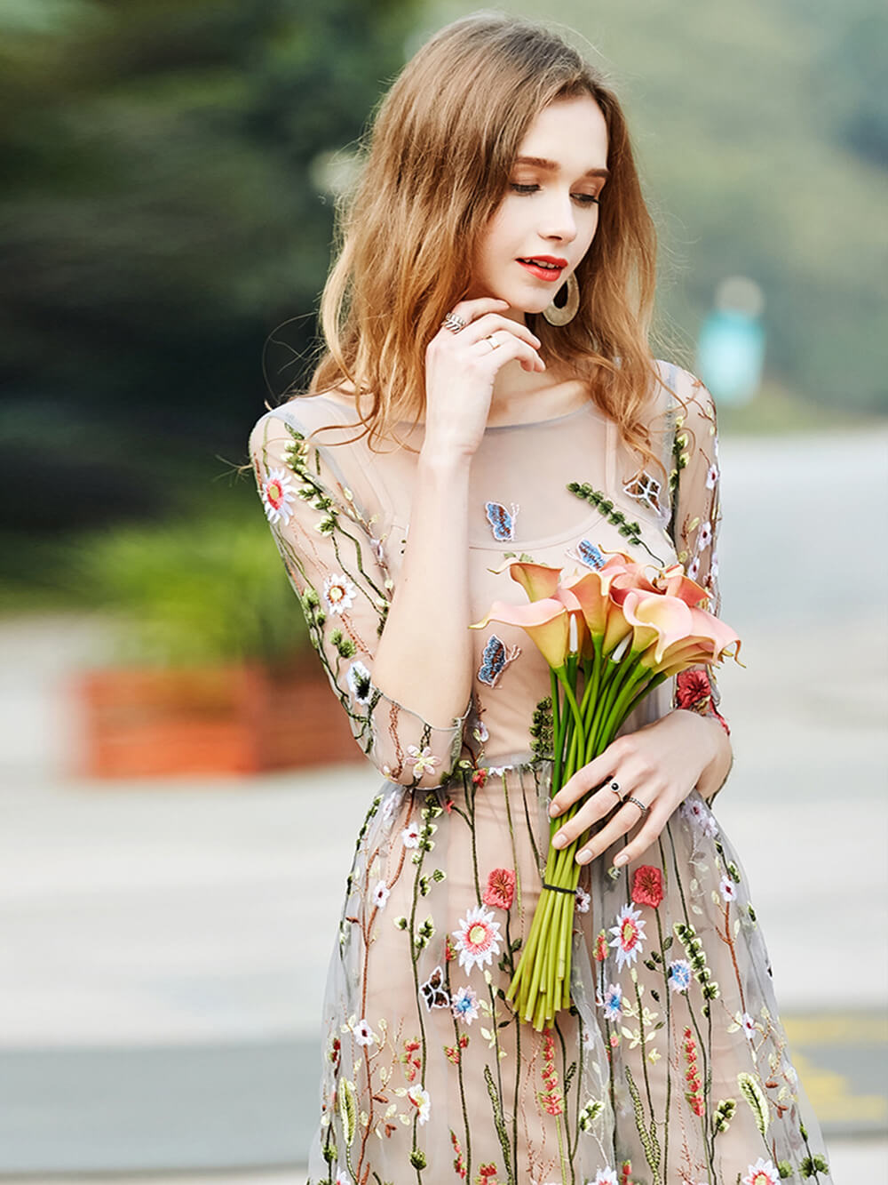 Sheer Mesh Wildflower Embroidery Three Quarter Sleeve Maxi Dress