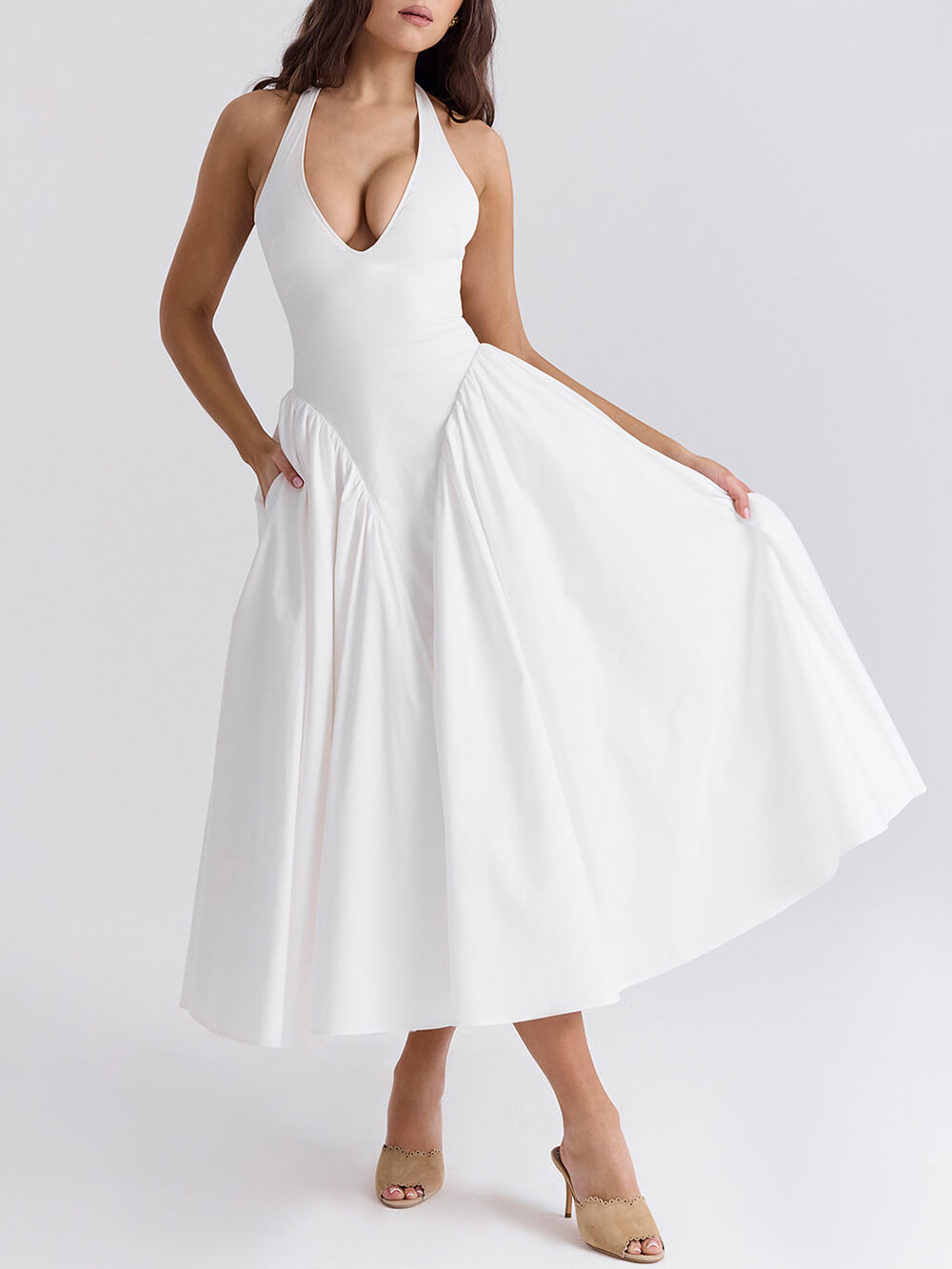 Deep V Plunge Pleated Waist Halter Flared A-Line Midi Dress