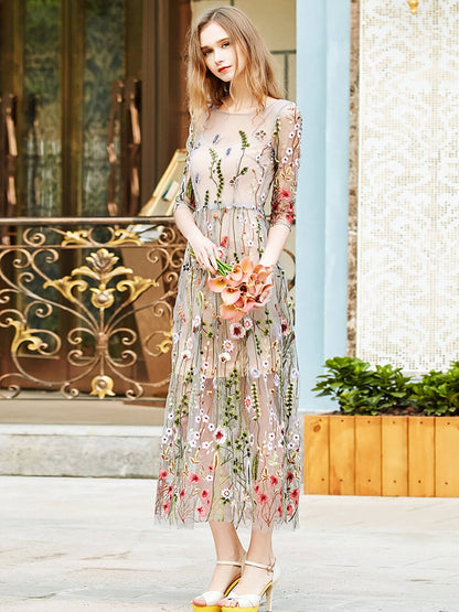 Sheer Mesh Wildflower Embroidery Three Quarter Sleeve Maxi Dress