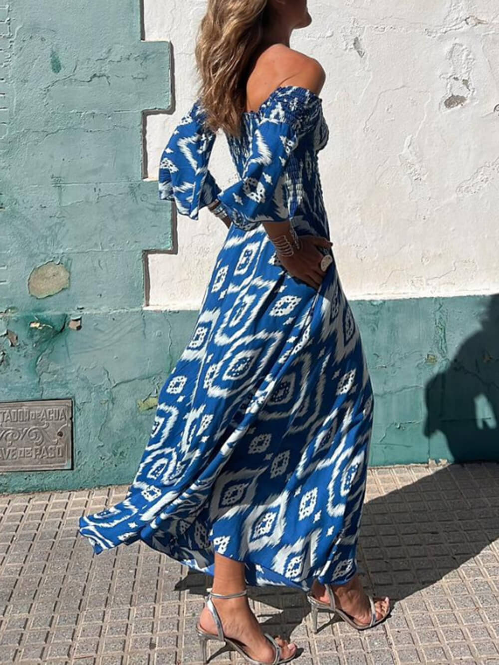 Off Shoulder Smocked Bodice Bell Sleeve Geometric Ikat Pocket Maxi Dress