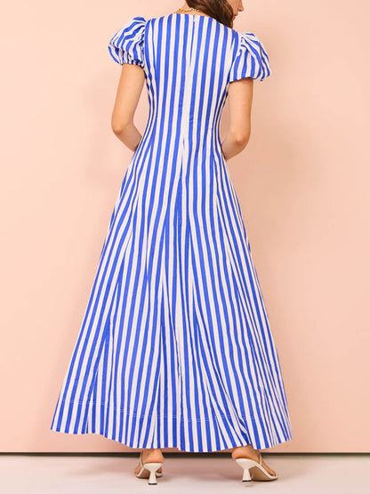 Striped Puff Sleeve Deep V Neck Flared Maxi Dress