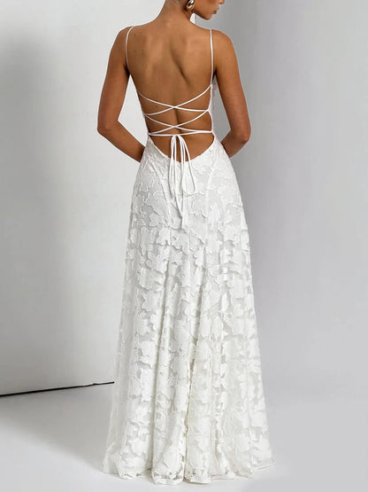 Square Neck Spaghetti Strap Floral Applique Tiered A-Line Maxi Dress