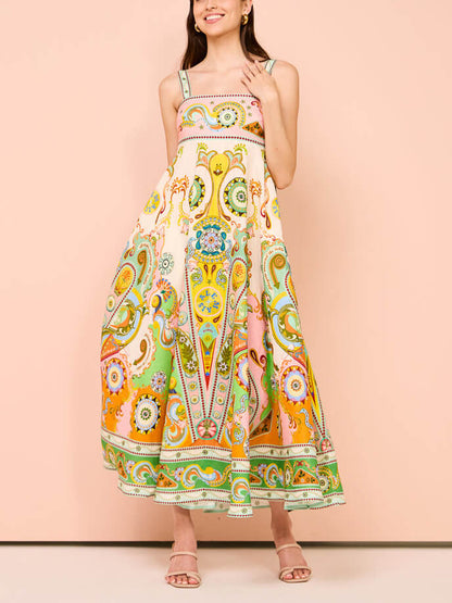 Paisley Print Square Neck Spaghetti Strap Empire Waist Flared Maxi Dress