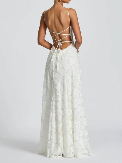 Square Neck Spaghetti Strap Floral Applique Tiered A-Line Maxi Dress