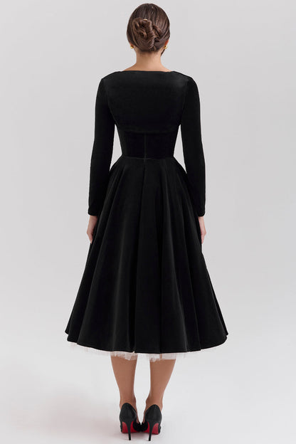 Velvet Sweetheart Lace Trim Spaghetti Strap Pleated Midi Dress