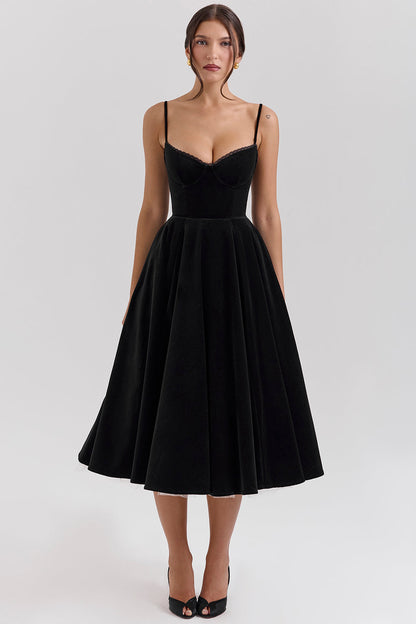 Velvet Sweetheart Lace Trim Spaghetti Strap Pleated Midi Dress
