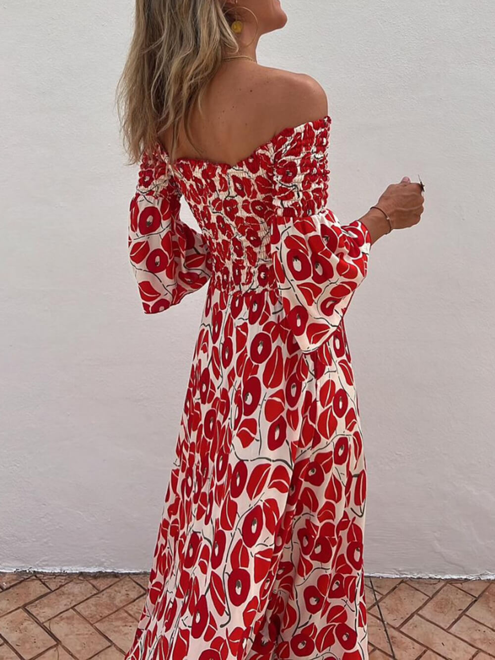 Off Shoulder Smocked Bell Sleeve Floral Print Pocket Maxi Dress