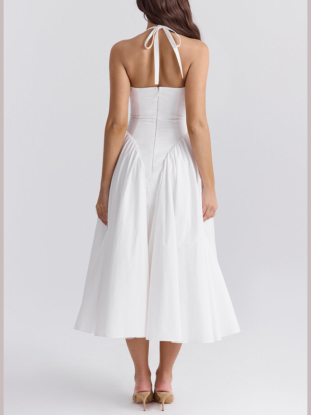Deep V Plunge Pleated Waist Halter Flared A-Line Midi Dress