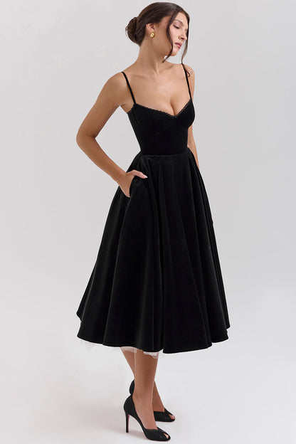 Velvet Sweetheart Lace Trim Spaghetti Strap Pleated Midi Dress
