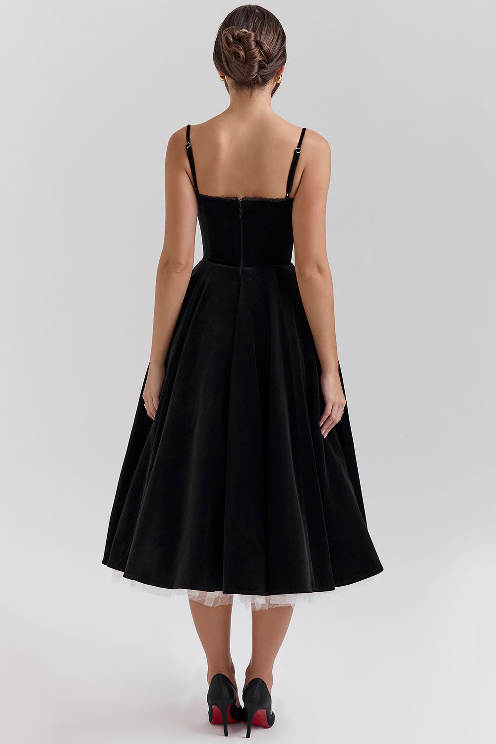 Velvet Sweetheart Lace Trim Spaghetti Strap Pleated Midi Dress