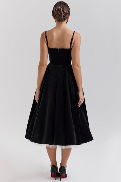 Velvet Sweetheart Lace Trim Spaghetti Strap Pleated Midi Dress