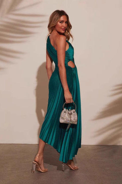 Ruched Satin One Shoulder Asymmetric Collar Formal Dress