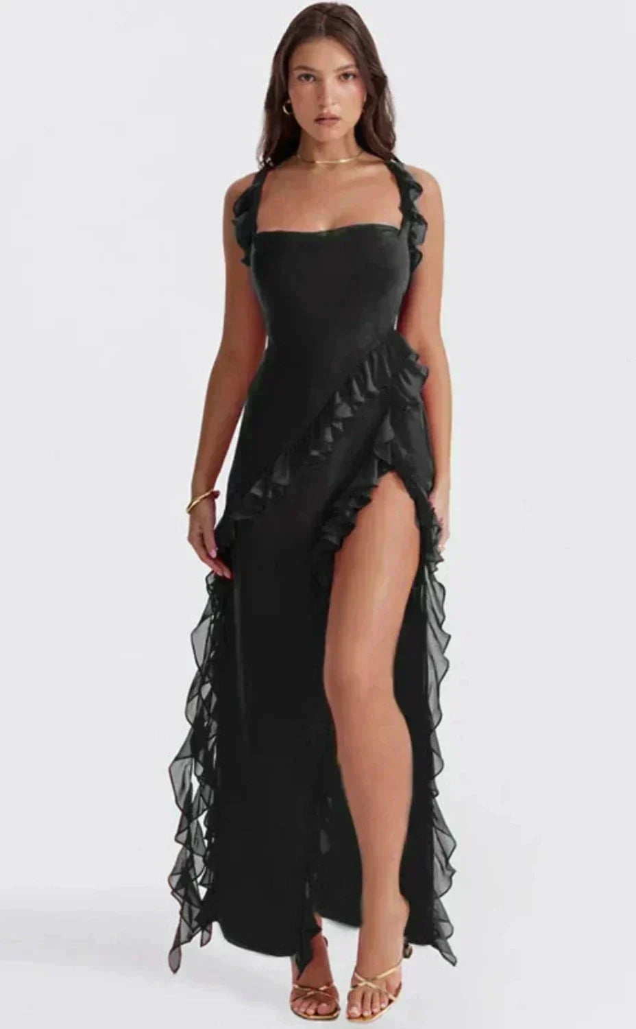 Ruffle Strap Square Neck Wrap Slit Chiffon Maxi Dress