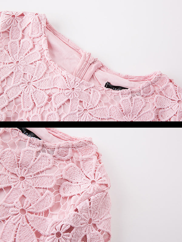 Round Neck Elbow Sleeve Scalloped Floral Lace Shift Mini Dress