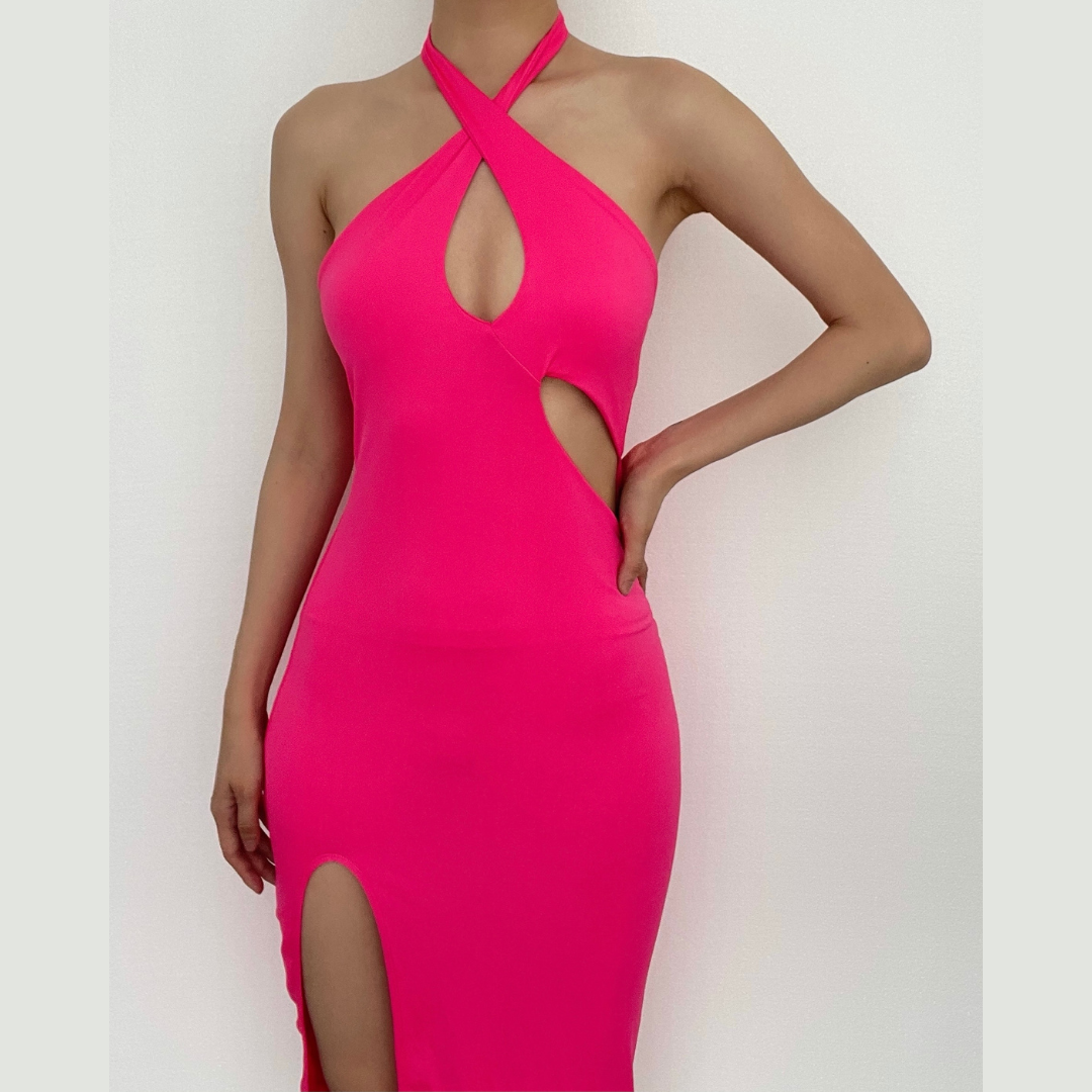 Halter Crisscross Keyhole Waist Cutout Front Slit Midi Dress