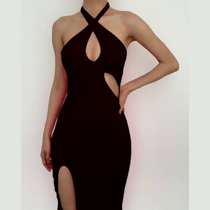 Halter Crisscross Keyhole Waist Cutout Front Slit Midi Dress
