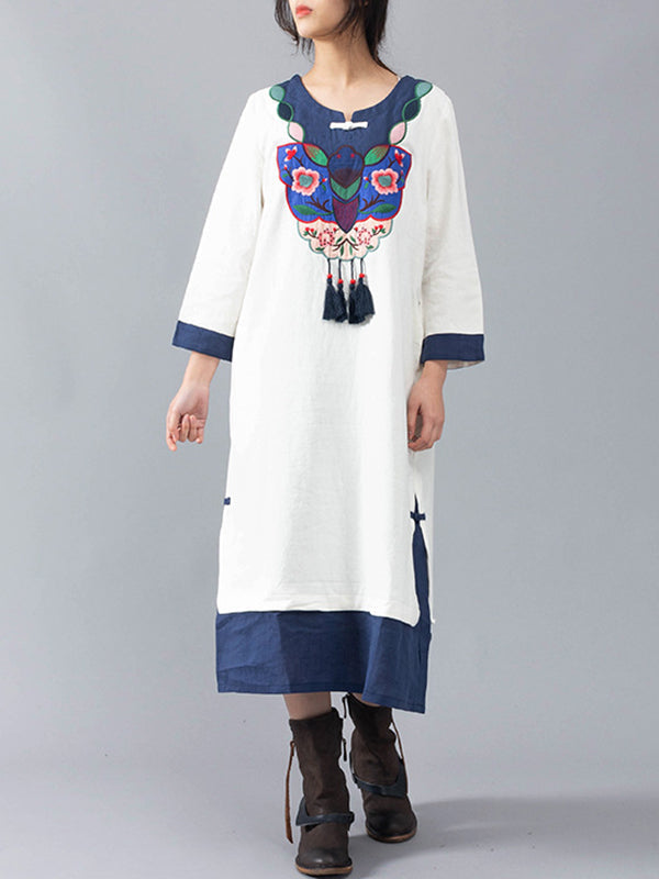 Round Neck Floral Embroidered Tassel Contrast Cuff Midi Dress