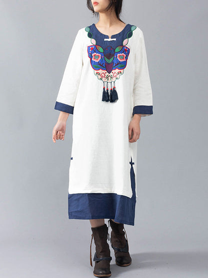 Round Neck Floral Embroidered Tassel Contrast Cuff Midi Dress