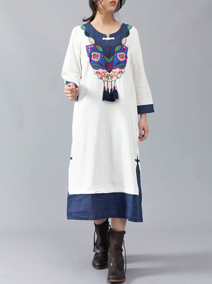 Round Neck Floral Embroidered Tassel Contrast Cuff Midi Dress