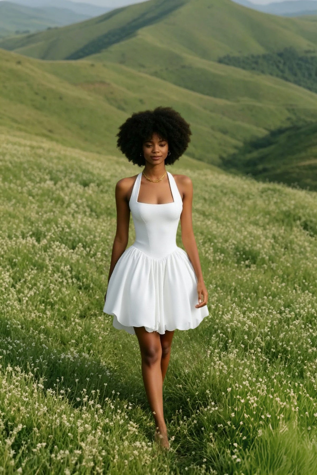 Halter Square Neck Drop Waist Bubble Hem Mini Dress