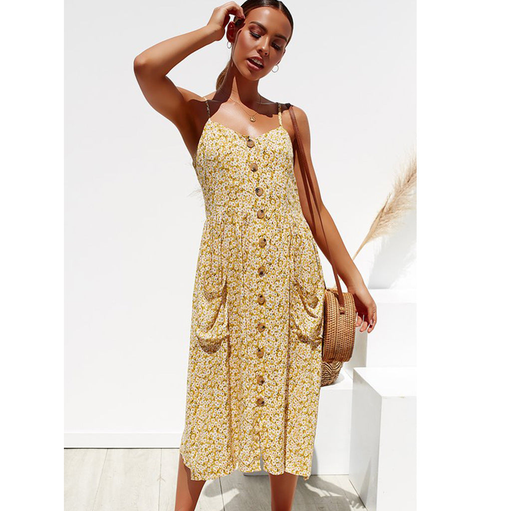 Spaghetti Strap V Neck Button Front Patch Pocket Floral Midi Dress