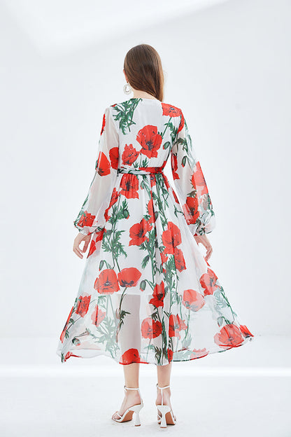 Floral Print Deep V-Neck Lantern Sleeve Belted Chiffon Maxi Dress