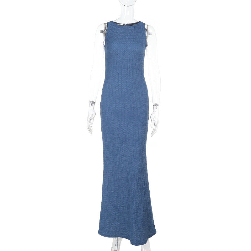 Sleeveless Crew Neck Crinkle Texture Bodycon Maxi Dress