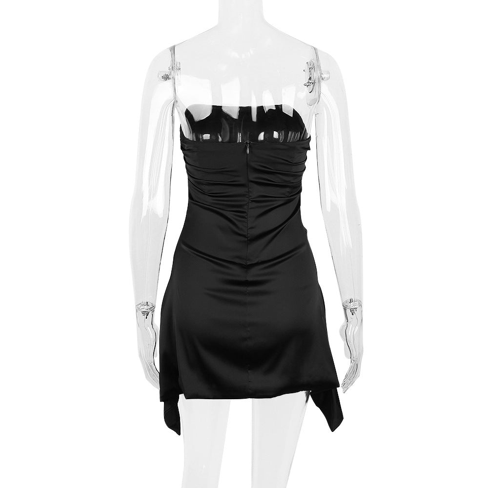 Strapless Ruched Asymmetric Hem Satin Mini Dress
