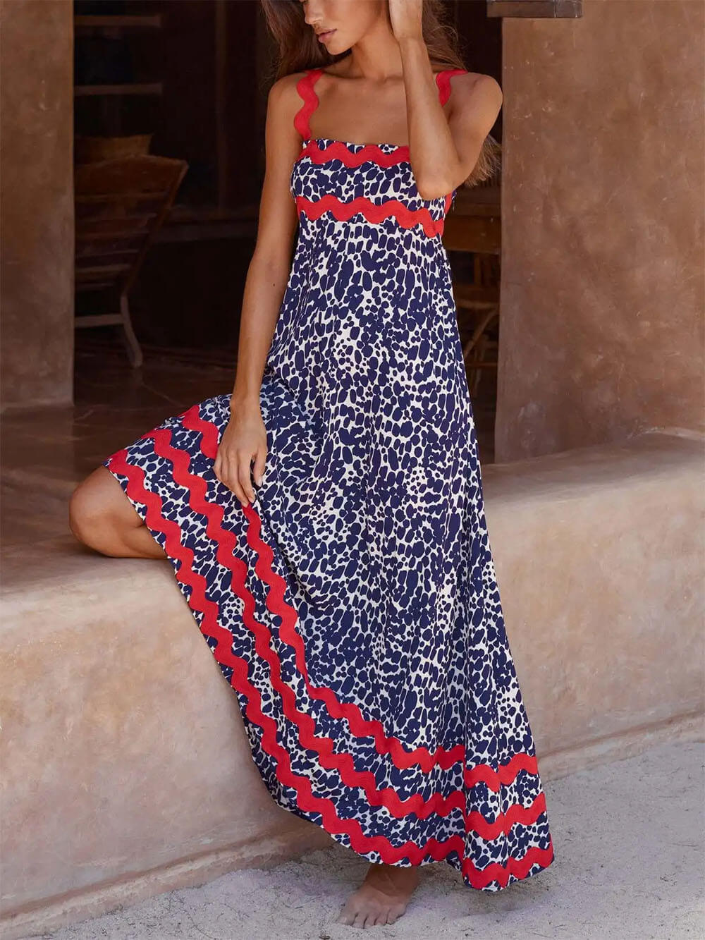 Print Scalloped Trim Square Neck Sleeveless Maxi Dress