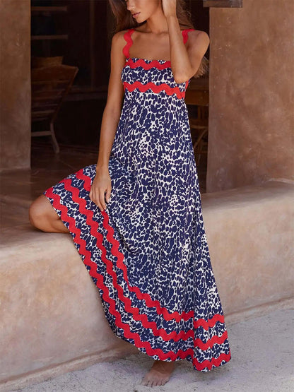 Print Scalloped Trim Square Neck Sleeveless Maxi Dress