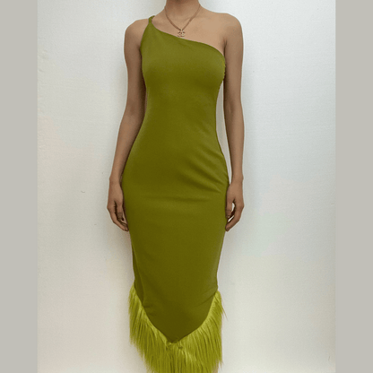 One Shoulder Fringe Trim Asymmetric Hem Bodycon Midi Dress