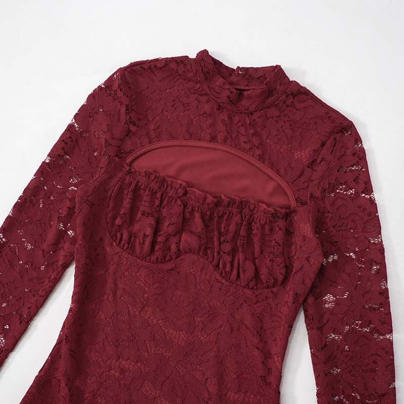 Mock Neck Chest Cutout Floral Lace Bell Sleeve Bodycon Mini Dress
