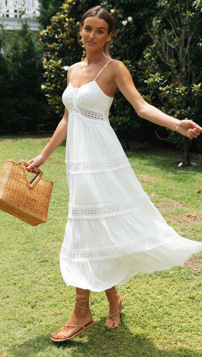 Spaghetti Strap Lace Trim Tie Front Smocked Back Tiered Maxi Dress