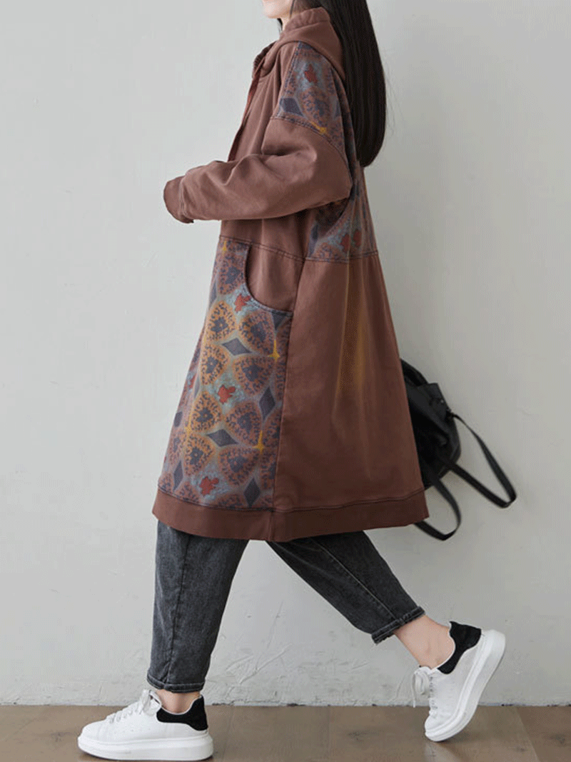 Hooded Kangaroo Pocket Geometric Print Oversized Mini Sweatshirt Dress
