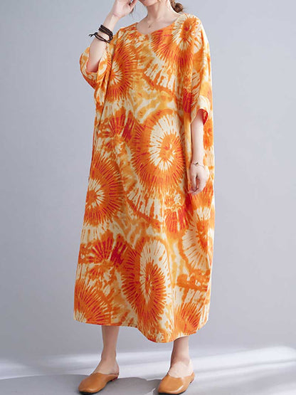 Round Neck Short Sleeve Sunburst Print Oversized Midi Dress