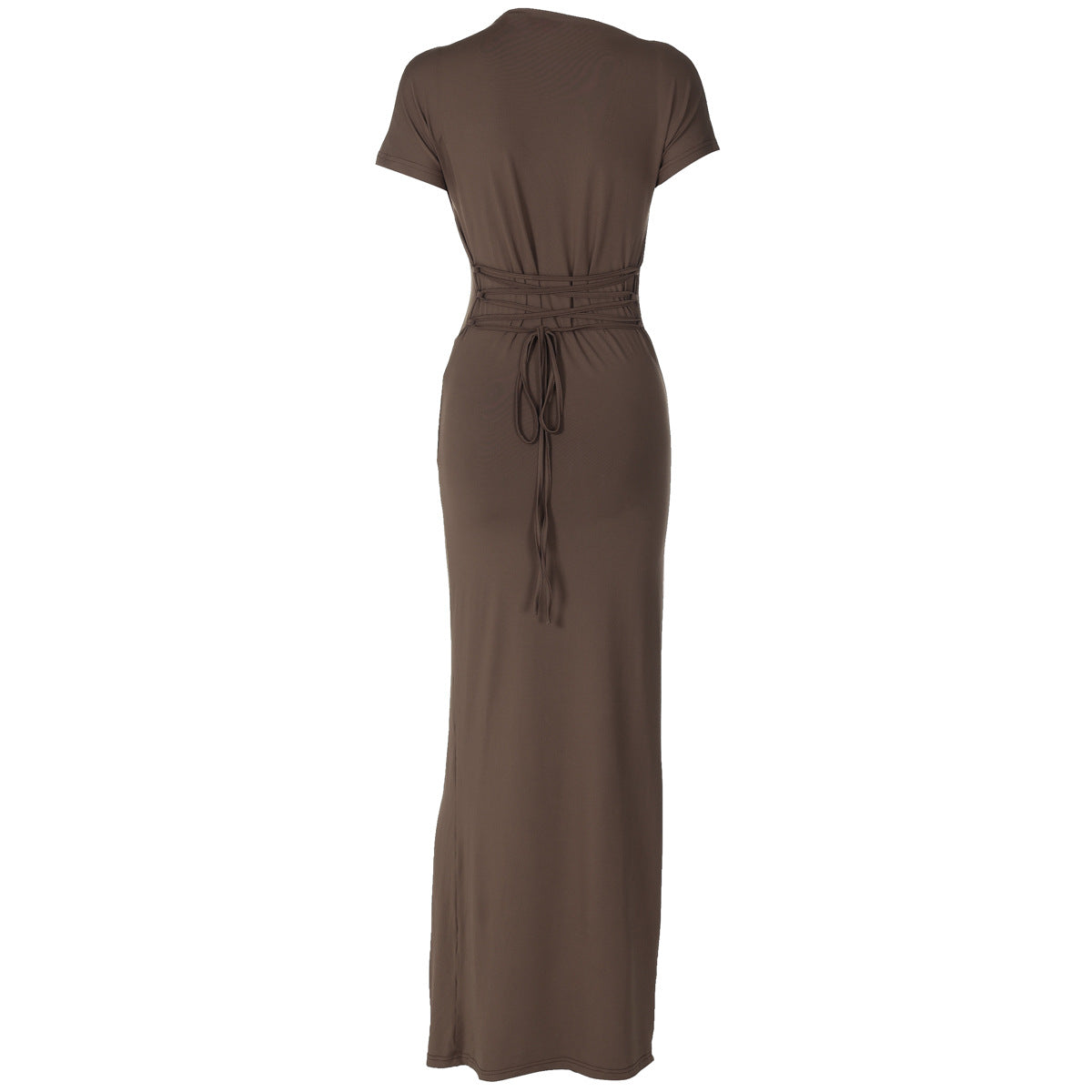 Mock Neck Cap Sleeve Front Knot Draped Panel Maxi Gown