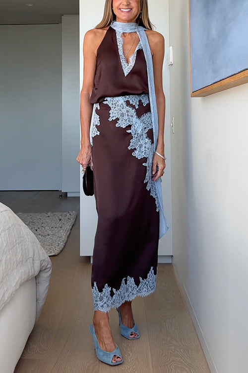 Sleeveless V Neck Lace Trim Satin Scarf Top