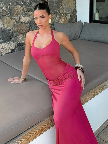 Halter Mesh Panel Midriff Ruched Waist Column Maxi Gown