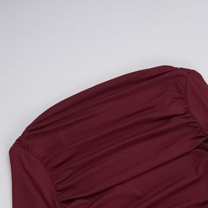 Long Sleeve Deep Open Back Ruched Column Maxi Gown
