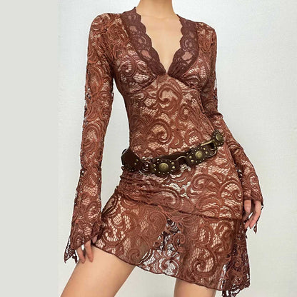Floral Lace Bell Sleeve Handkerchief Hem V-Neck Mini Dress
