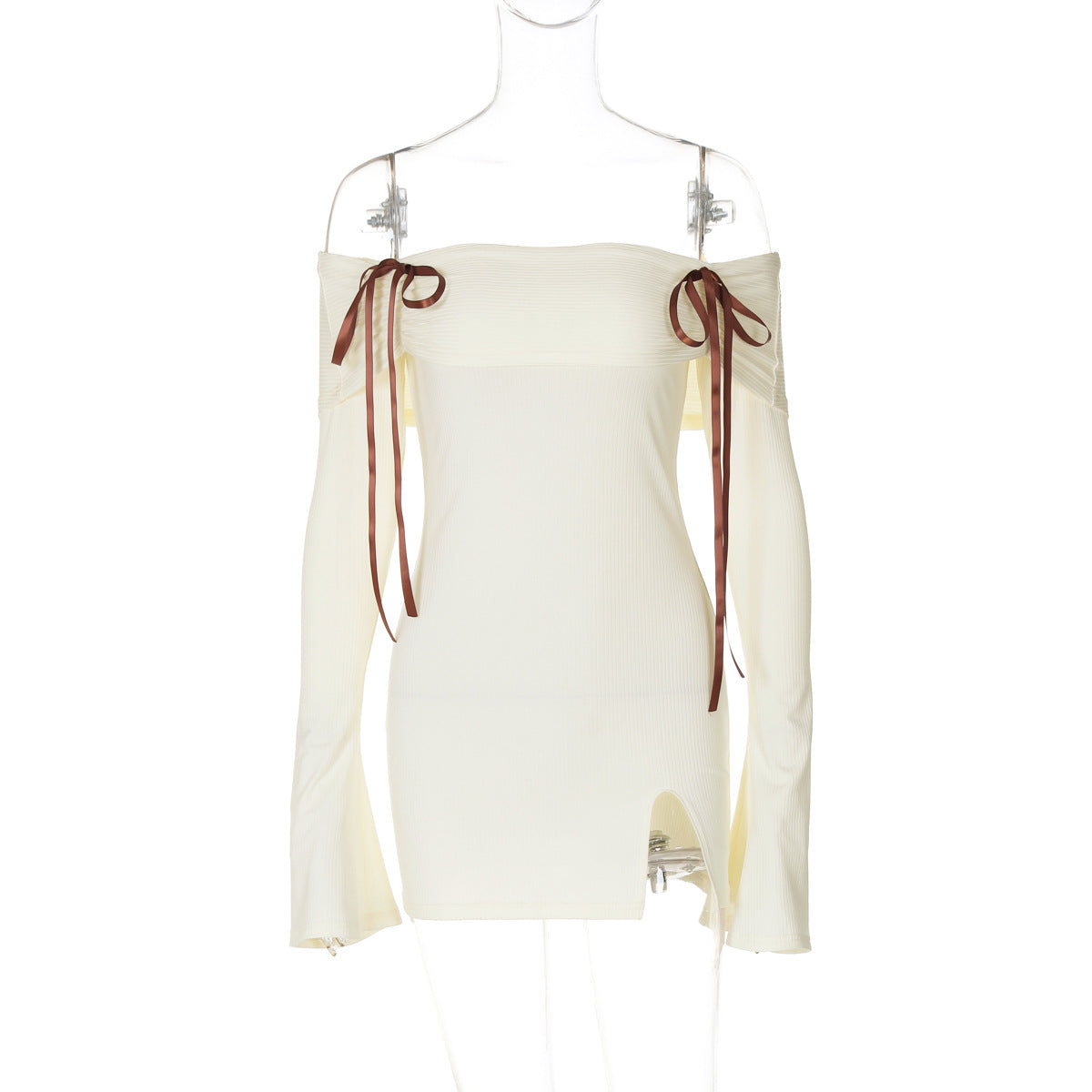 Off Shoulder Rib Knit Bell Sleeve Bow Shoulder Mini Dress