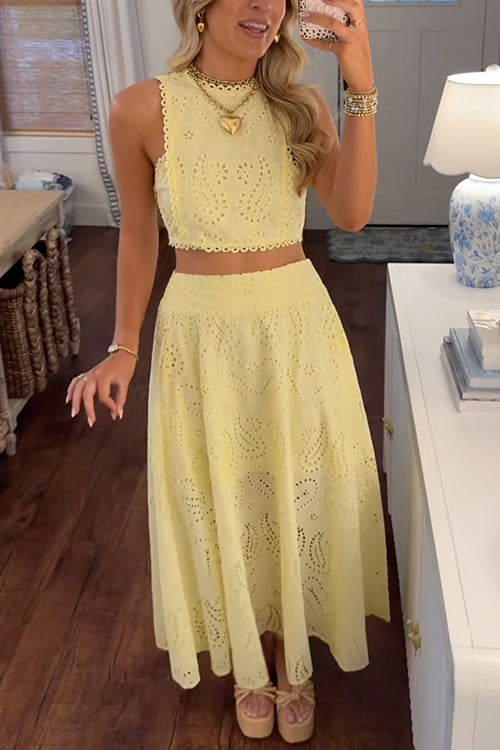 Lace Hollow Out Sleeveless Crop Top High Waist Maxi Skirt Set