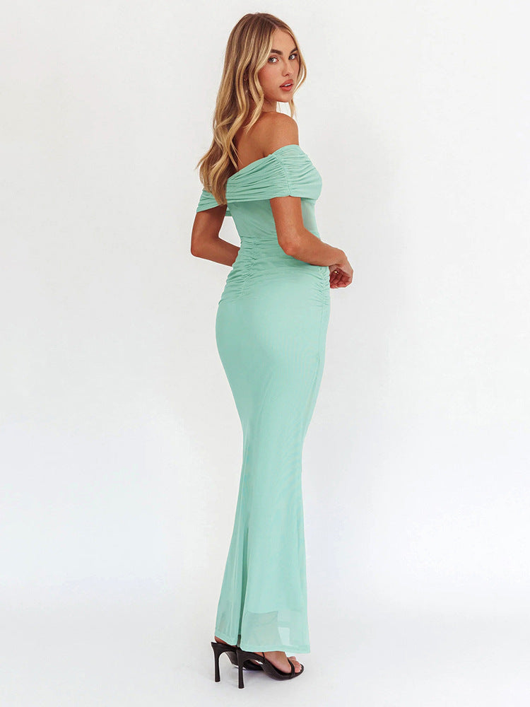 Off Shoulder Mesh Midriff Panel Ruched Waist Column Maxi Dress