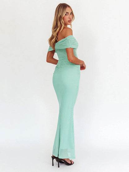 Off Shoulder Mesh Midriff Panel Ruched Waist Column Maxi Dress