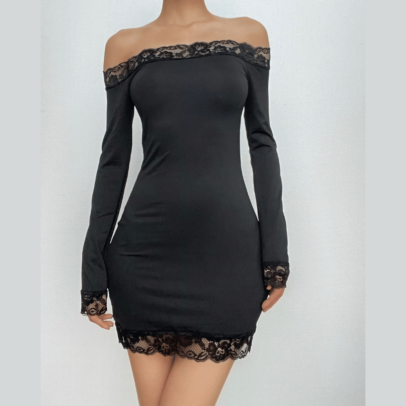 Off Shoulder Lace Trim Long Sleeve Bodycon Mini Dress