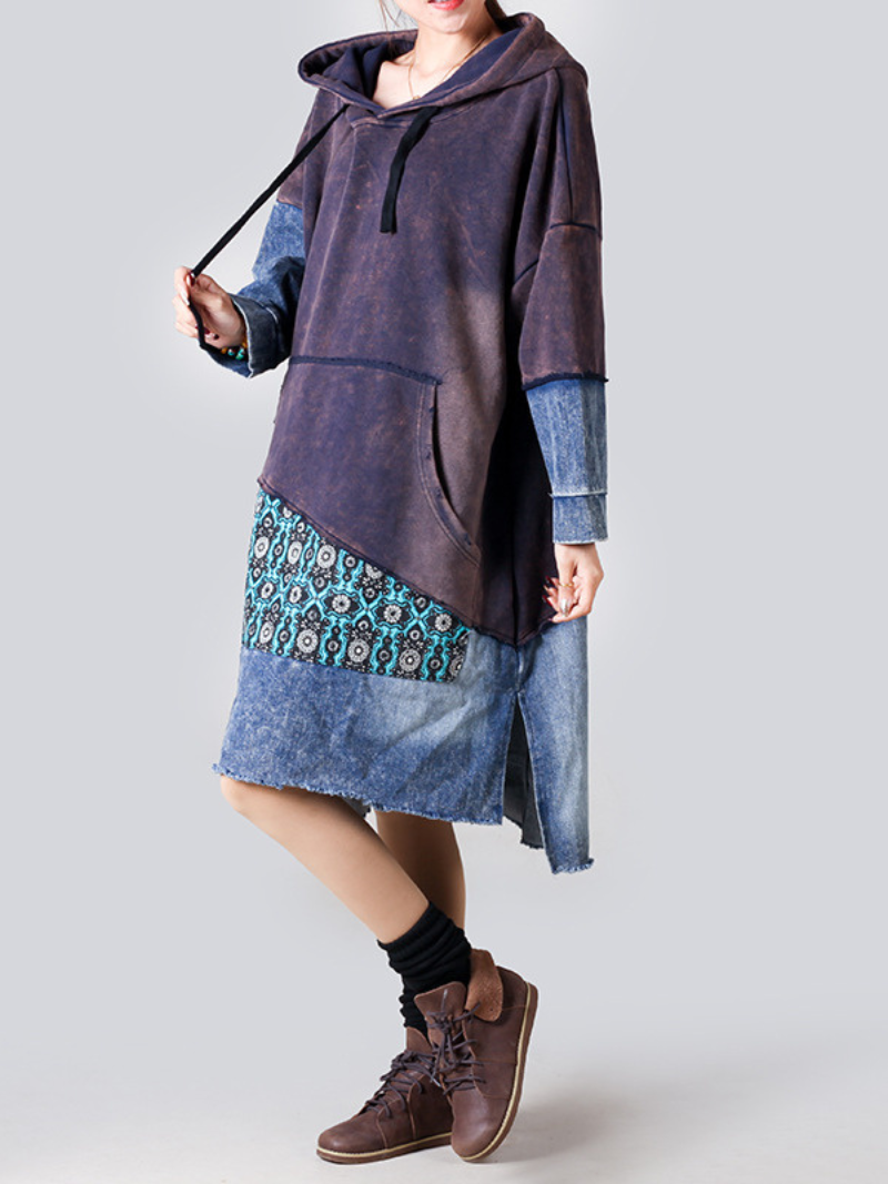 Hooded Long Sleeve Patchwork Denim Jersey Mixed Media High Low Midi Dress