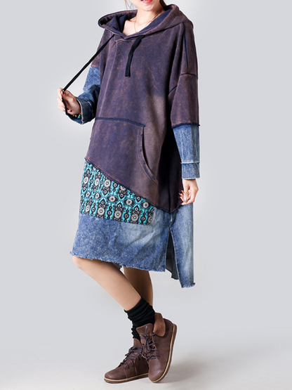 Hooded Long Sleeve Patchwork Denim Jersey Mixed Media High Low Midi Dress