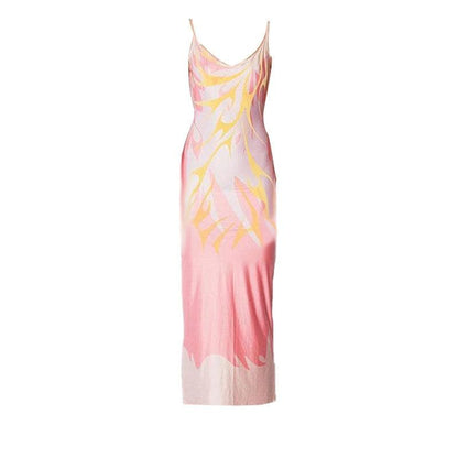 Scoop Neck Abstract Tribal Flame Print Spaghetti Strap Bodycon Maxi Dress