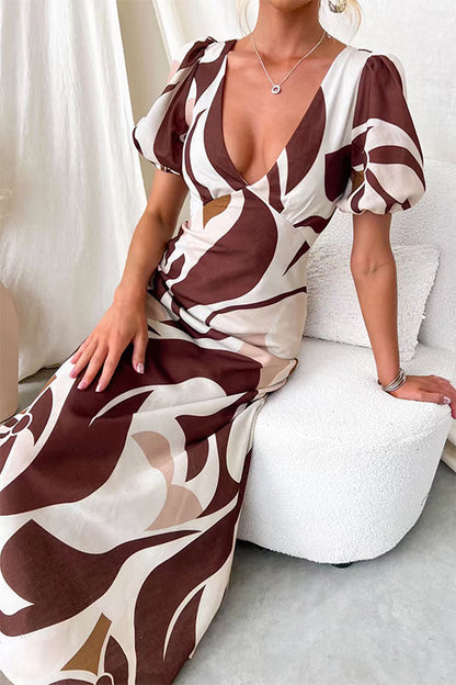 V Neck Puff Short Sleeves Printed Maxi Dress