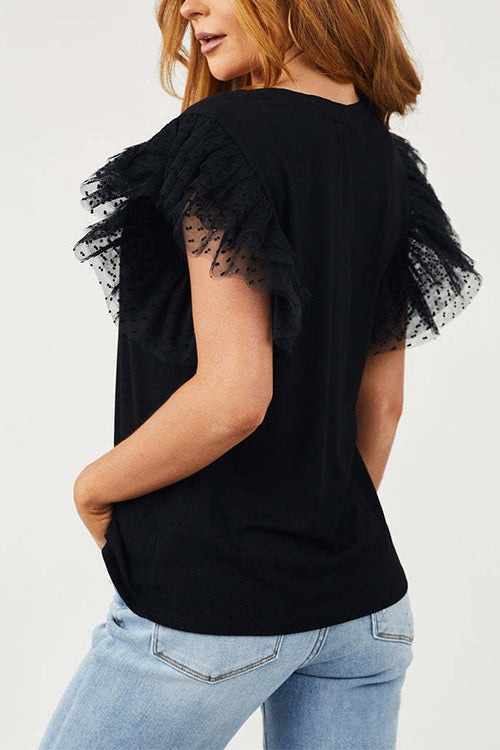 Round Neck Polka Dot Ruffle Short Sleeves Top